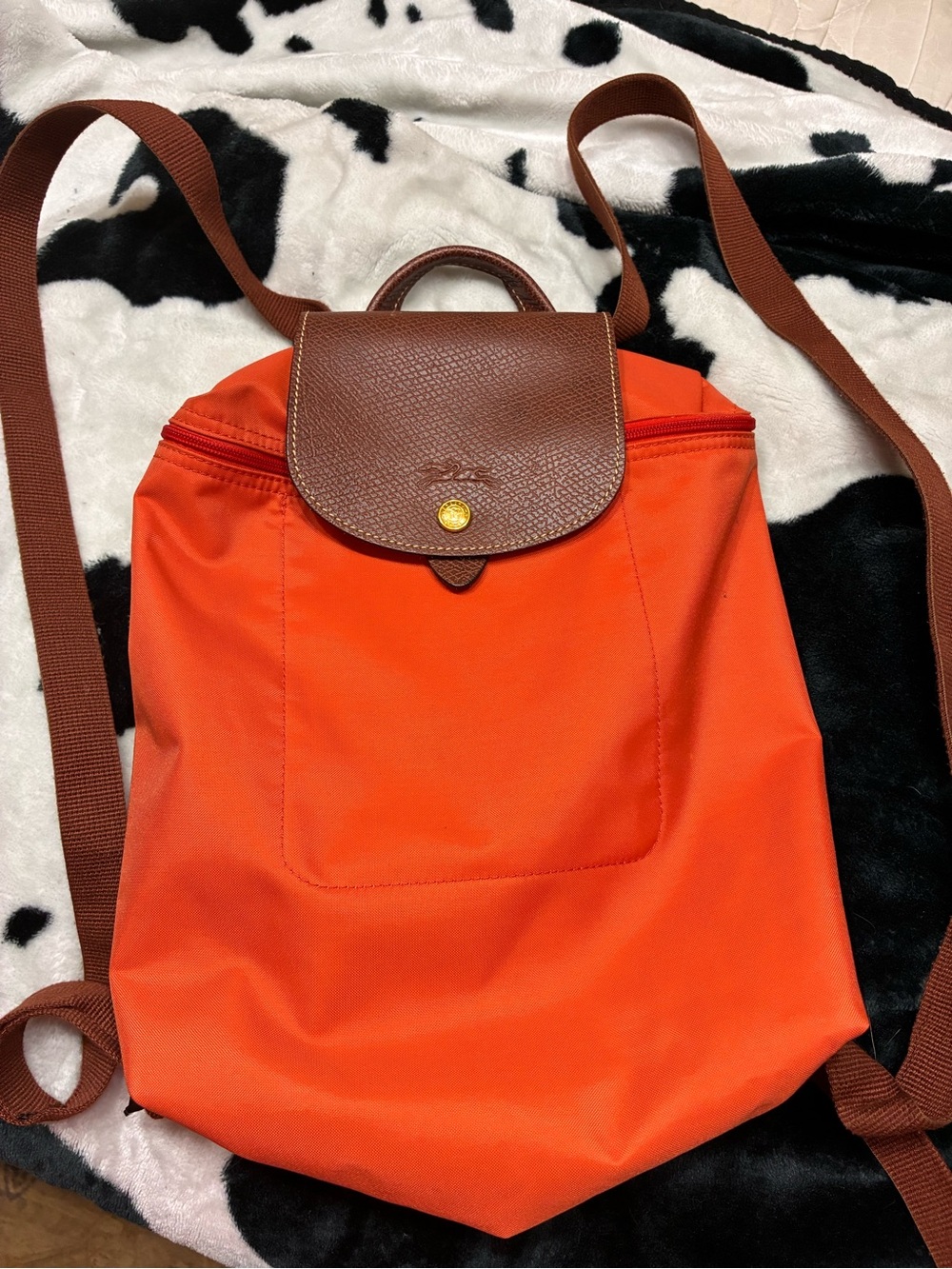 Longchamp Orange Nylon Backpack with Brown Trim